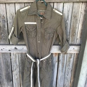 Army-style Button-Up Shirt Dress with Lace